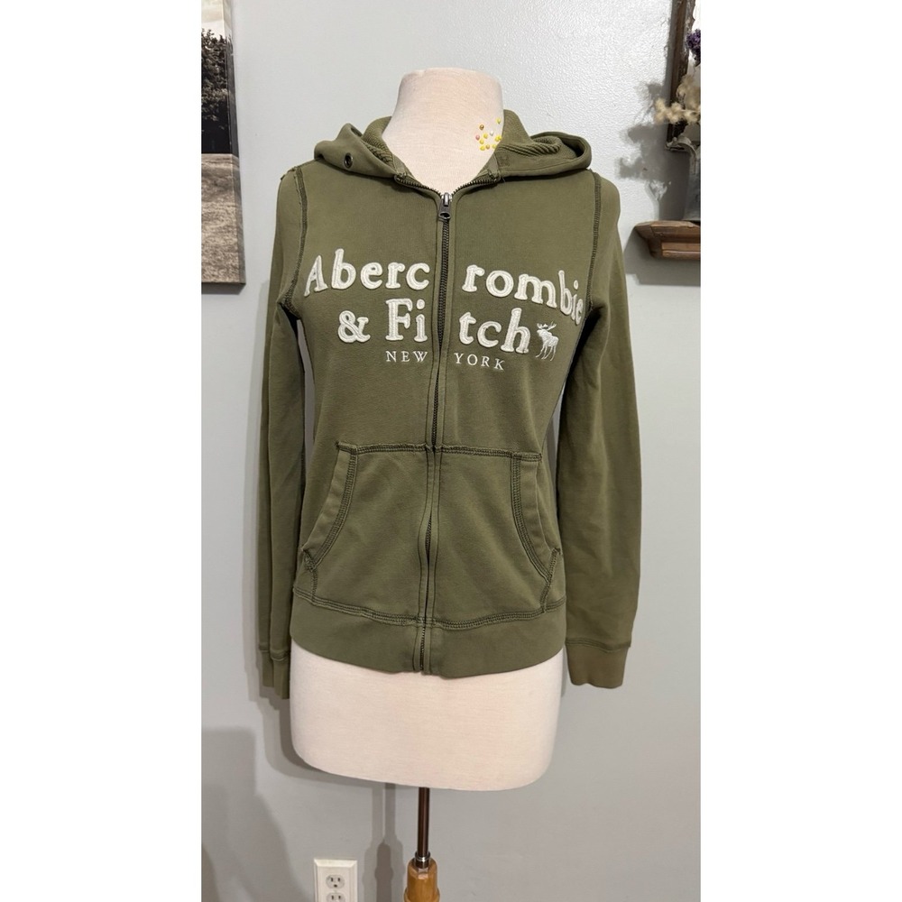 Abercrombie & Fitch green patch spell out Y2K soft AF fleece full zip hoodie SM - Picture 2 of 8